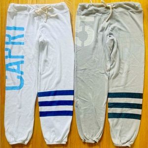 2 SUNDRY Cute “Capri” and “5” Sweat Pants with blue and grey vertical stripes